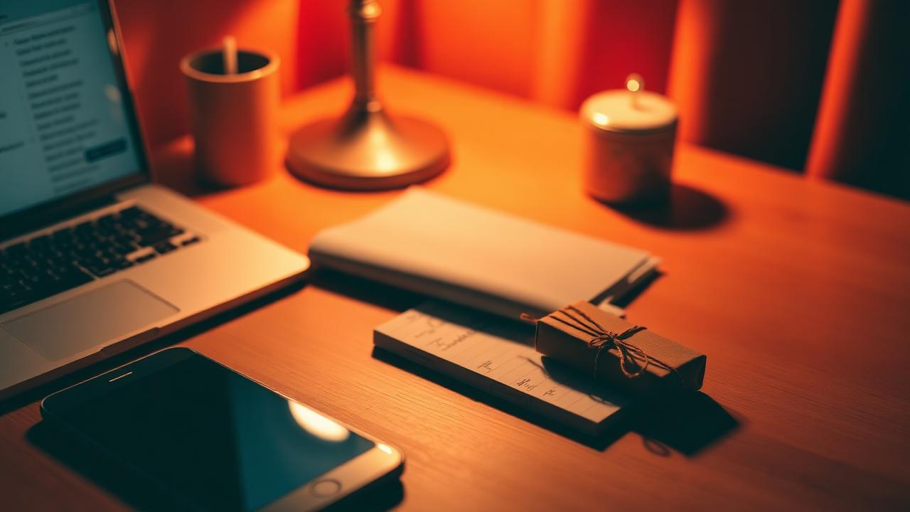 A warm night desk with a phone, laptop, wrapped gift, and handwritten note representing a thoughtful digital gift idea.