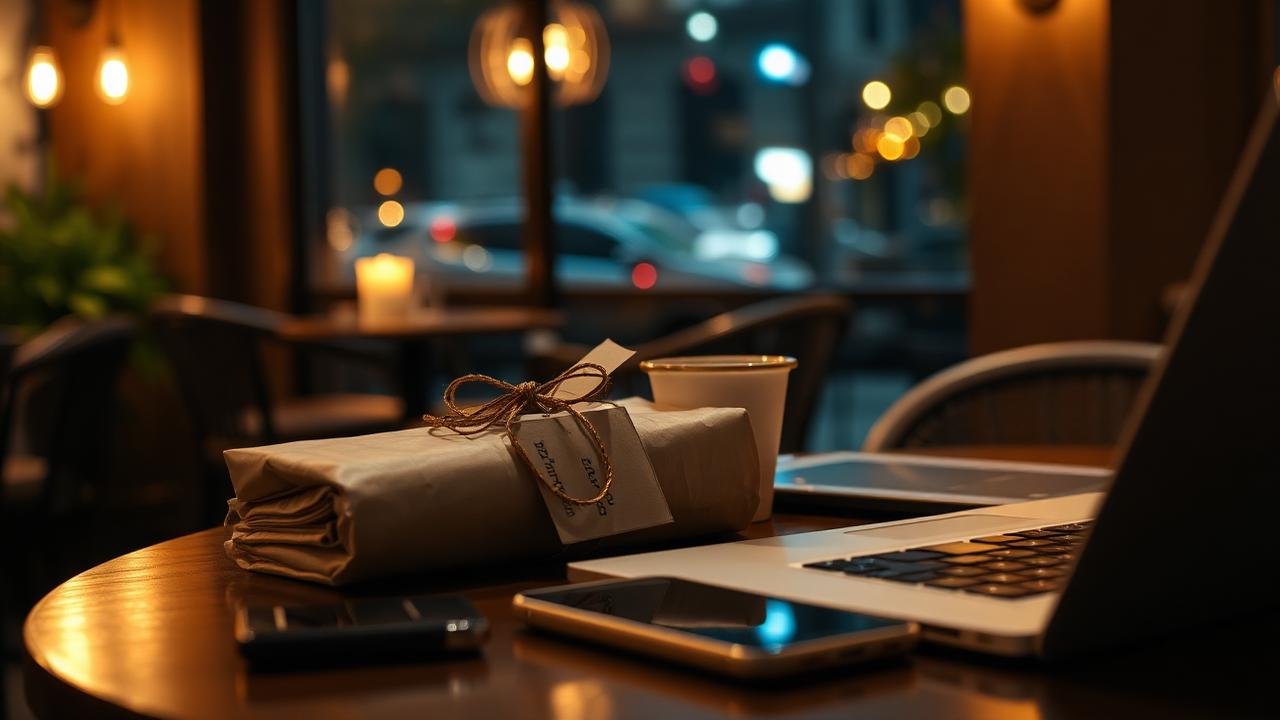 A person preparing a thoughtful last-minute gift at night with a wrapped present, handwritten note, and laptop on a café table.