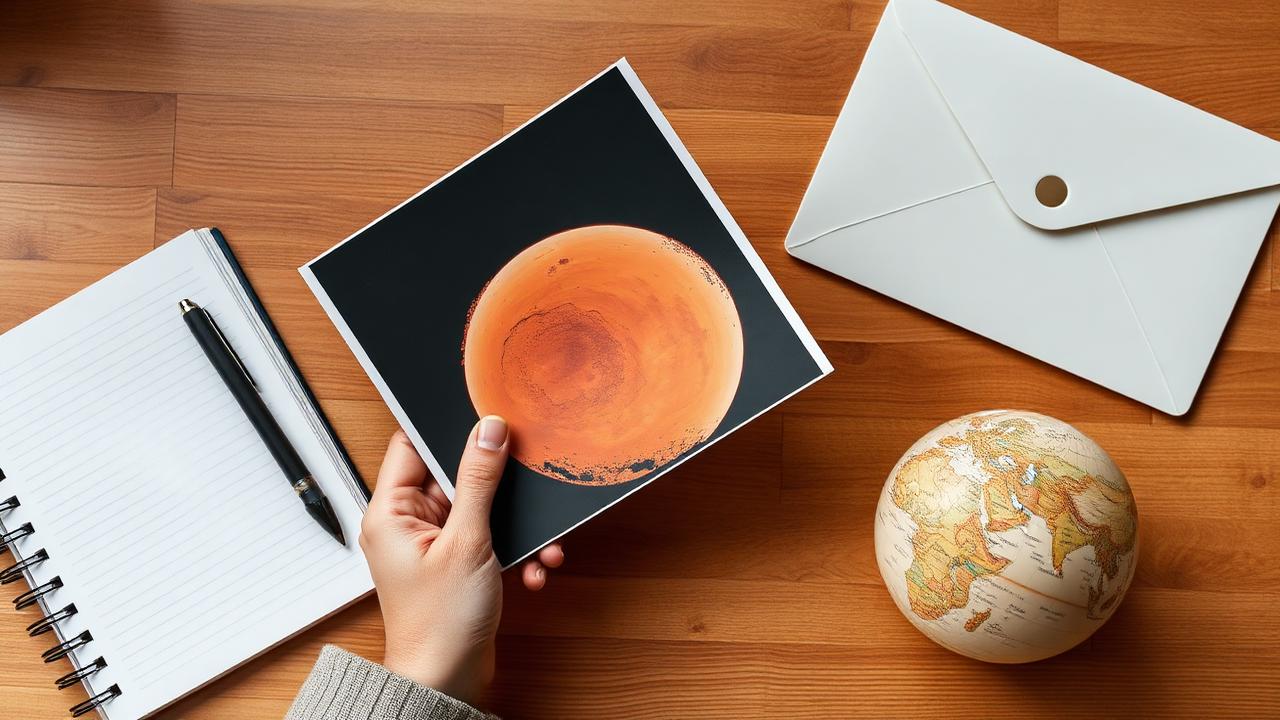 A person holding a printed Mars crater image beside a notebook, envelope, and small Mars globe as a thoughtful personalized gift idea.