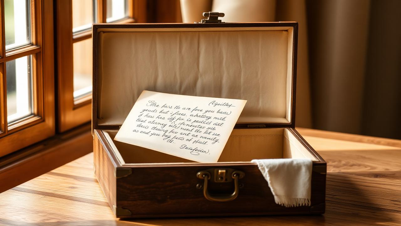 A keepsake box with an old photo, handwritten note, envelope, and warm natural light representing a memorable gift.