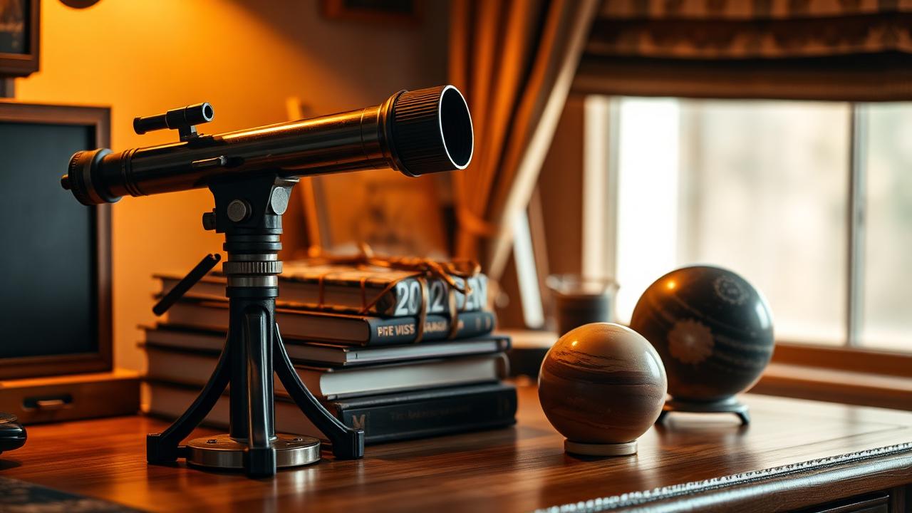 A telescope, astronomy books, wrapped gift, and subtle Mars-inspired object arranged as a unique space gift idea.