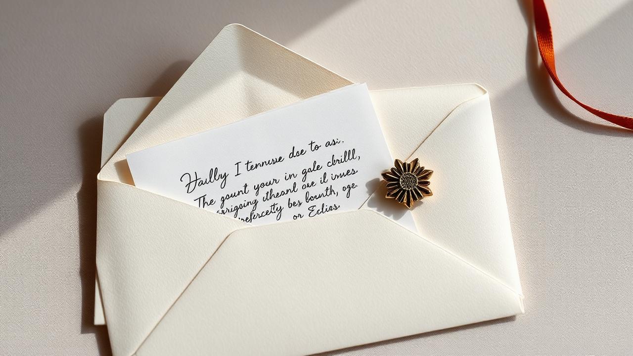 An elegant envelope with a partially visible certificate, handwritten note, and warm symbolic gift setting.