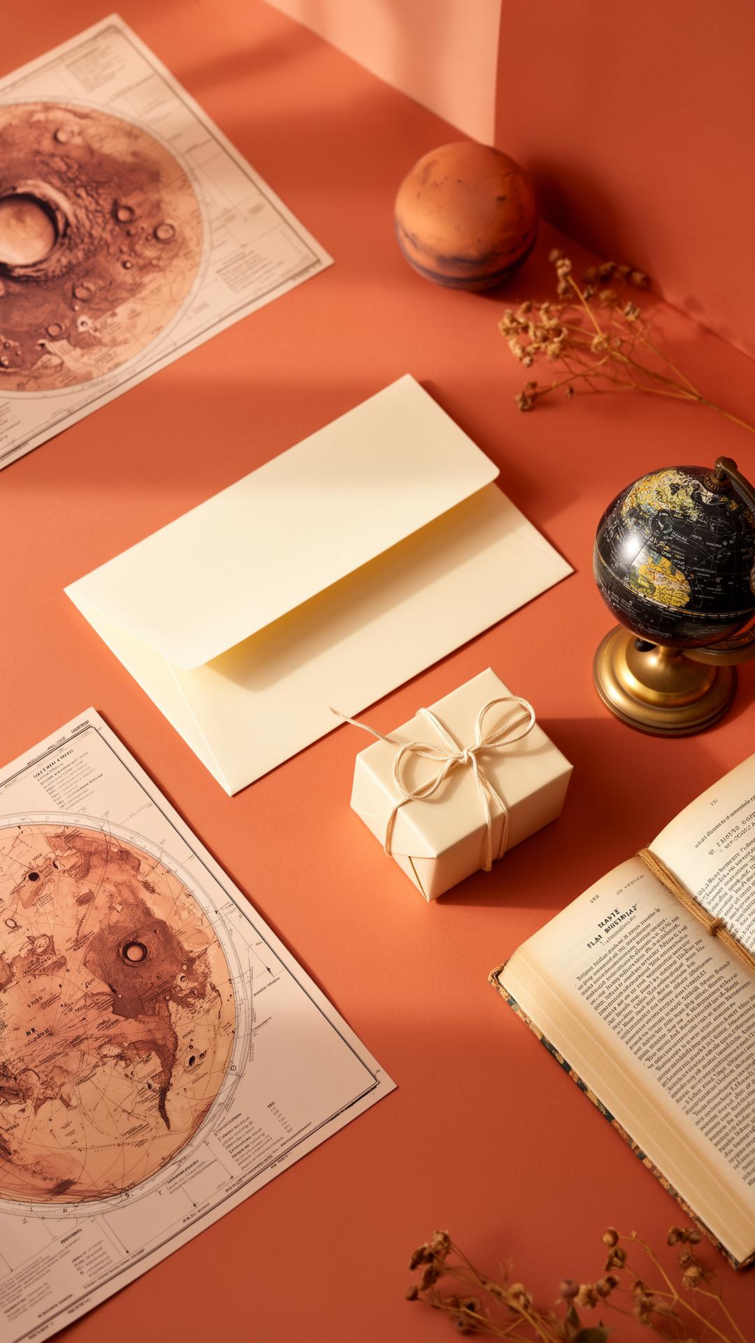 Elegant space-inspired gift scene with a Mars crater print, envelope, and warm editorial styling representing a symbolic Mars gift.